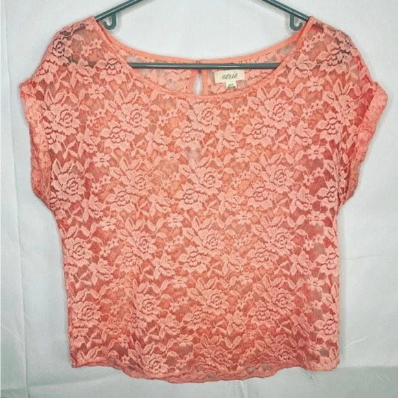 Aerie | Floral Lace Top W/ Keyhole Detail | Coral/Pink | Extra Small - Picture 1 of 6